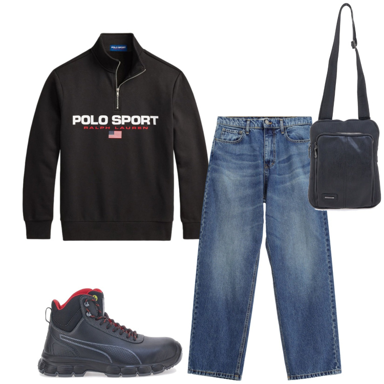 Outfit uomo - Total look #2489192. Stile Casual per Tutti i giorni. Abbinamento con jeans, felpe, portafogli, stivali e stivaletti.