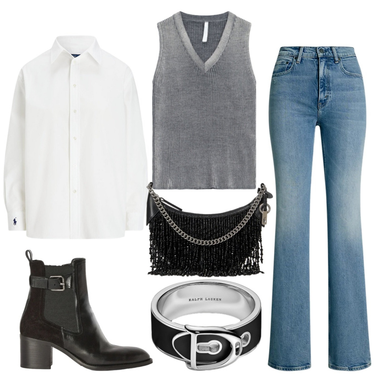 Outfit donna - Total look #2489193. Stile Casual chic per Tutti i giorni. Abbinamento con stivaletti, top, jeans bootcut, camicie, anelli, borse a spalla.