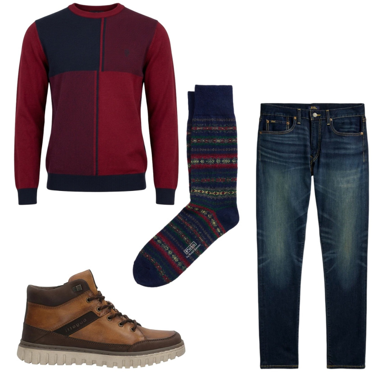 Outfit uomo - Total look #2489196. Stile Casual per Tutti i giorni. Abbinamento con maglieria, jeans, calzini, anfibi.