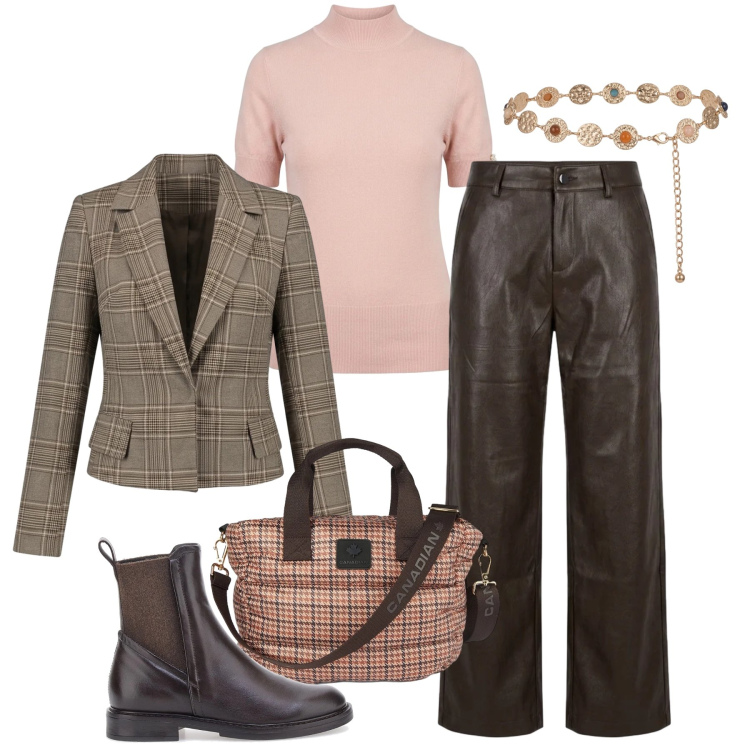 Outfit donna - Autunno in città. Stile Urban per Tutti i giorni. Abbinamento con borse tote, blazer, pantaloni, t-shirt, cinture, stivaletti chelsea.