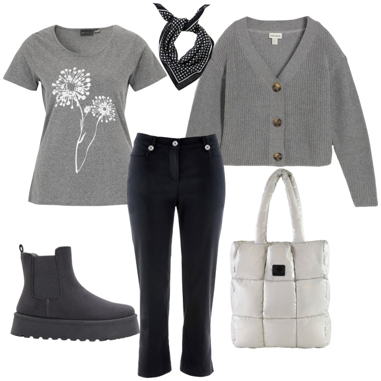 Outfit donna - Basic gray. Stile Basic per Tutti i giorni. Abbinamento con shopping bag, cardigans, stivaletti, t-shirt, pantaloni capri, foulard.