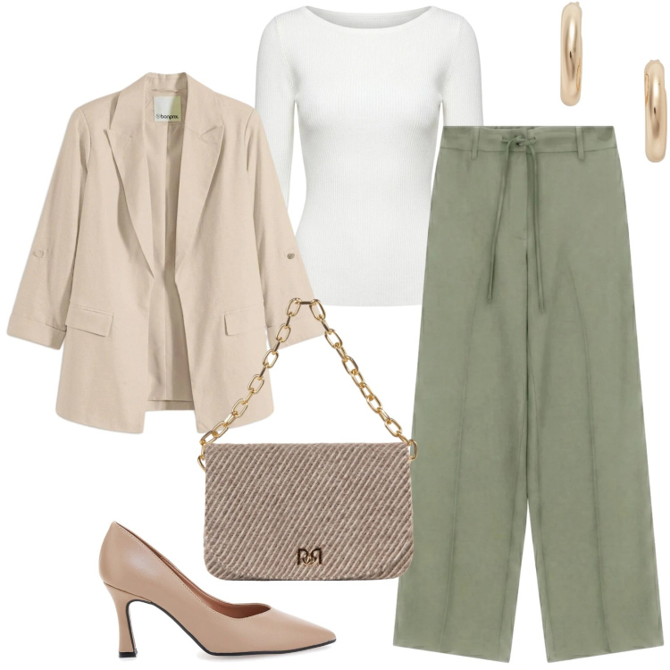 Outfit donna - Total look #2489201. Stile Casual per Ufficio. Abbinamento con pantaloni a palazzo, orecchini, t-shirt, borse a spalla, décolleté, blazer.