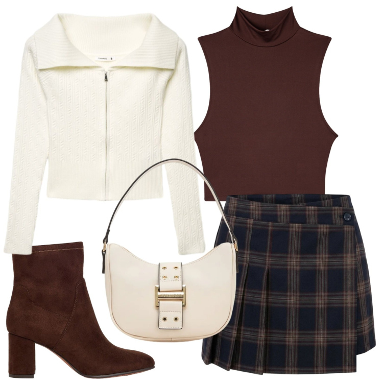 Outfit donna - Unna mamma per amica. Stile Preppy per Tutti i giorni. Abbinamento con minigonne, top, maglieria, stivaletti, borse a tracolla.