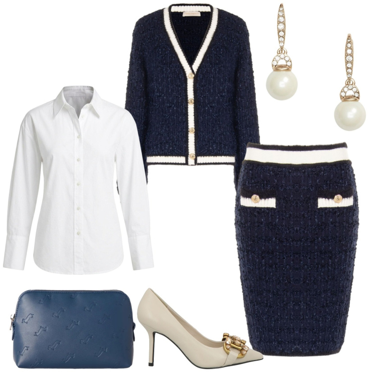 Outfit donna - Total look #2489206. Stile Bon Ton per Ufficio. Abbinamento con décolleté, pochette, camicie, gonne, cardigans, orecchini.