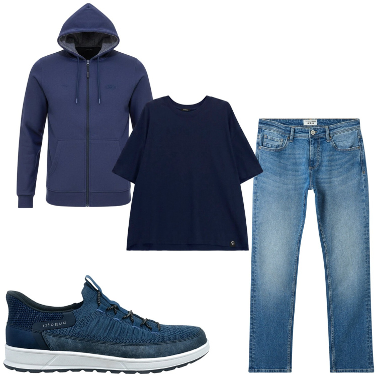 Outfit uomo - Total look #2489207. Stile Casual per Tutti i giorni. Abbinamento con t-shirt, jeans, felpe con cappuccio, sneakers.