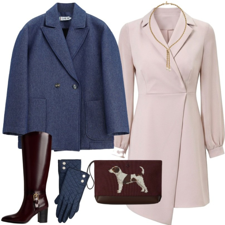 Outfit donna - Contrasti morbidi. Stile Chic per Tutti i giorni. Abbinamento con cappotti, vestiti corti, pochette, stivali, collane, guanti.