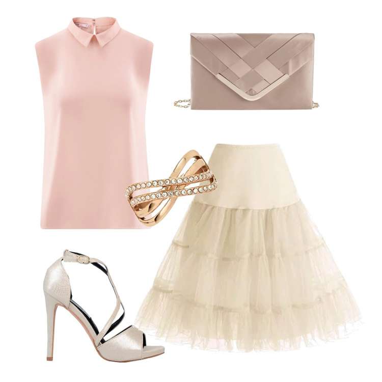 Outfit donna - Splendida con poco. Stile Bon Ton per Cerimonia. Abbinamento con gonne, anello, sandali effetto laminato con tacco spillo e fibbia con punta tonda tinta unita, sottogonna mini in organza, top aderente rosa.
