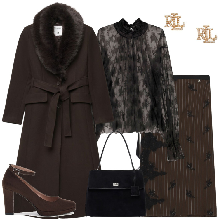 Outfit donna - Total look #2489210. Stile Chic per Serata fuori. Abbinamento con bluse, borse a mano, orecchini, gonne longuette, cappotti, décolleté.