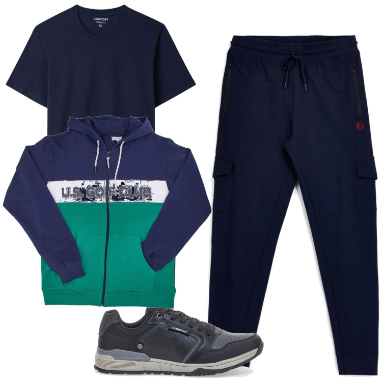 Outfit uomo - Total look #2489216. Stile Trendy per Sport. Abbinamento con t-shirt, felpe con cappuccio, sneakers, pantaloni cargo.