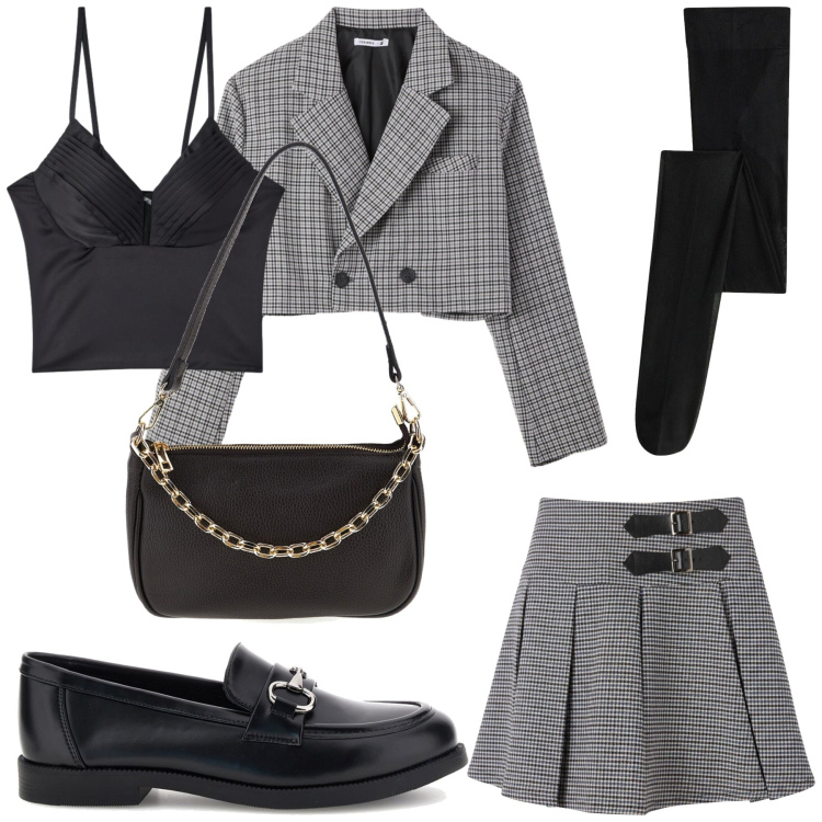 Outfit donna - Sfumature di grigio. Stile Chic per Serata fuori. Abbinamento con collant, blazer, minigonne, canottiere, borse a mano, mocassini.