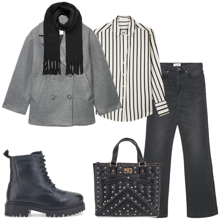 Outfit donna - Total look #2489219. Stile Urban per Tutti i giorni. Abbinamento con camicie, jeans bootcut, caban, sciarpe, borse a mano, anfibi.