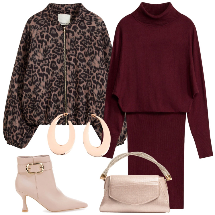 Outfit donna - Total look #2489223. Stile Casual chic per Tutti i giorni. Abbinamento con pochette, vestiti midi/longuette, stivaletti, bomber, orecchini.