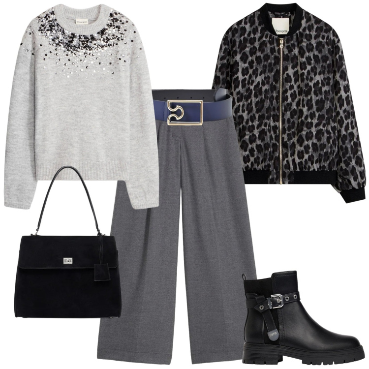 Outfit donna - Grigio antracite protagonista. Stile Casual per Ufficio. Abbinamento con maglieria, pantaloni, bomber, stivaletti, borse a mano, cinture.