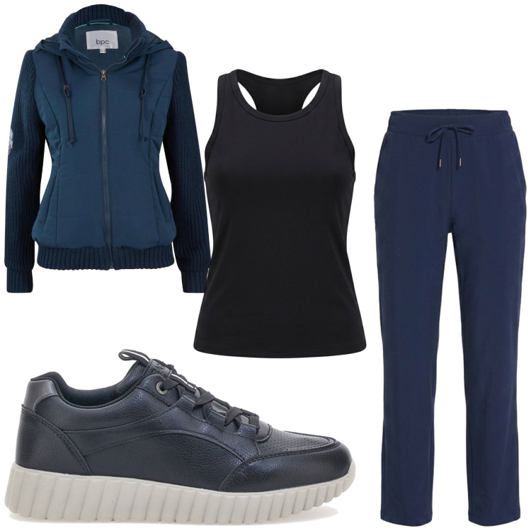 Outfit donna - Total blu. Stile Sporty chic per Tutti i giorni. Abbinamento con blazer, sneakers, pantaloni, canottiere.