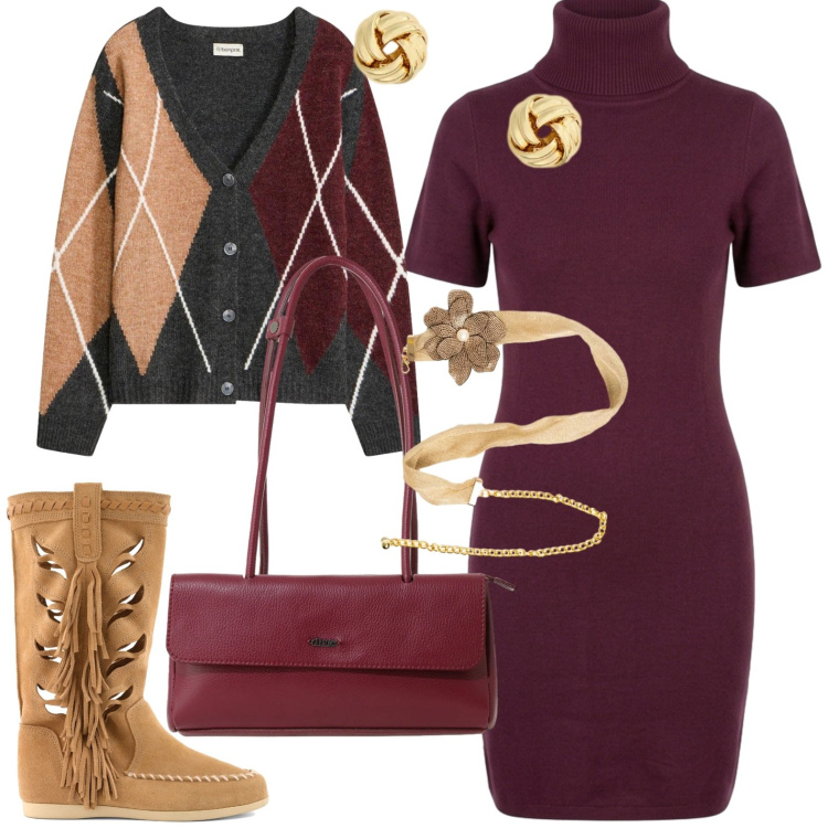 Outfit donna - Look autunnale. Stile Casual chic per Tutti i giorni. Abbinamento con cardigans, borse a spalla, cinture, vestiti corti, orecchini, stivali.