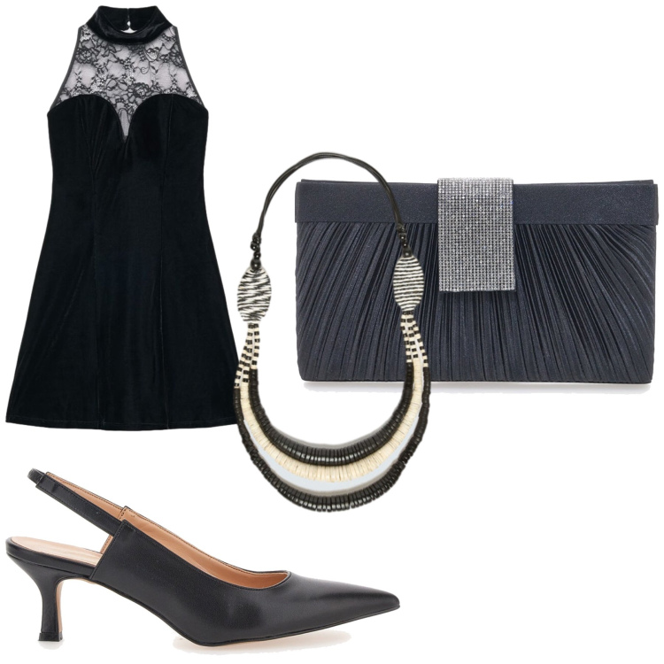 Outfit donna - Serata fuori. Stile Casual chic per Serata fuori. Abbinamento con vestiti corti, collane, décolleté, pochette.