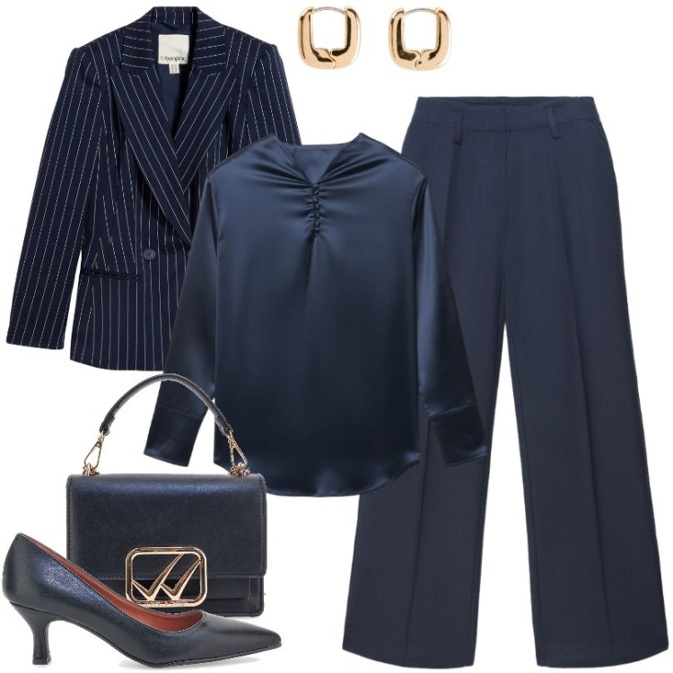 Outfit donna - Total look #2489251. Stile Casual chic per Ufficio. Abbinamento con blazer, orecchini, bluse, pantaloni a palazzo, décolleté, borse a tracolla.