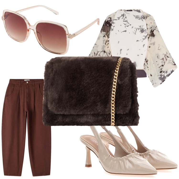Outfit donna - Delicato. Stile Casual chic per Tutti i giorni. Abbinamento con occhiali da sole, borse a tracolla, canottiere, pantaloni, bolero, décolleté.