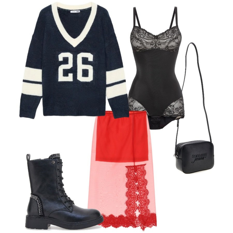 Outfit donna - College Maglia & Pizzo Rosso. Stile Casual per Serata fuori. Abbinamento con gonne longuette, maglieria, body, anfibi, borse a tracolla.