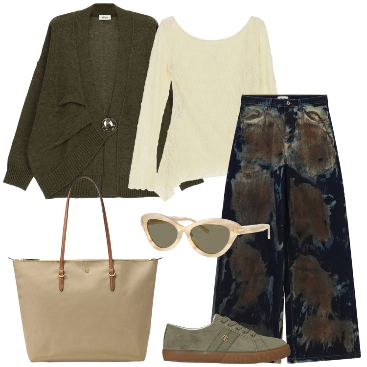 Outfit donna - Total look #2489257. Stile Casual per Tutti i giorni. Abbinamento con t-shirt, jeans, cardigans, occhiali da sole, borse tote, sneakers.