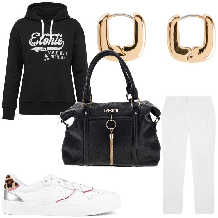 Outfit donna - Casual. Stile Casual per Tutti i giorni. Abbinamento con orecchini, pantaloni, sneakers, felpe con cappuccio, borse a mano.