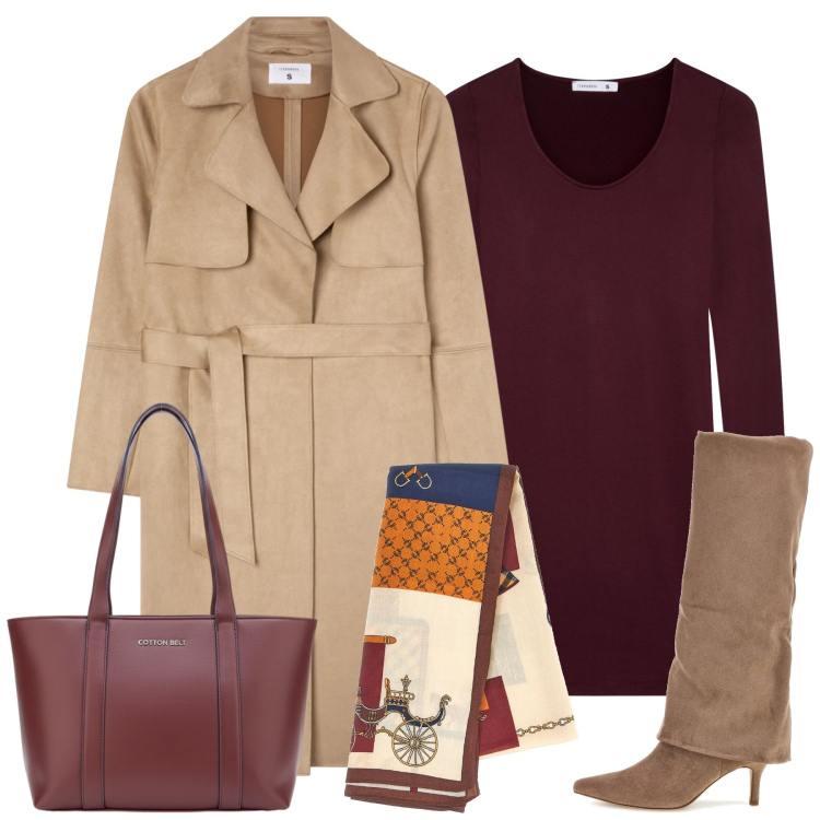 Outfit donna - Total look #2489262. Stile Casual chic per Tutti i giorni. Abbinamento con vestiti corti, trench, stivali, shopping bag, foulard.