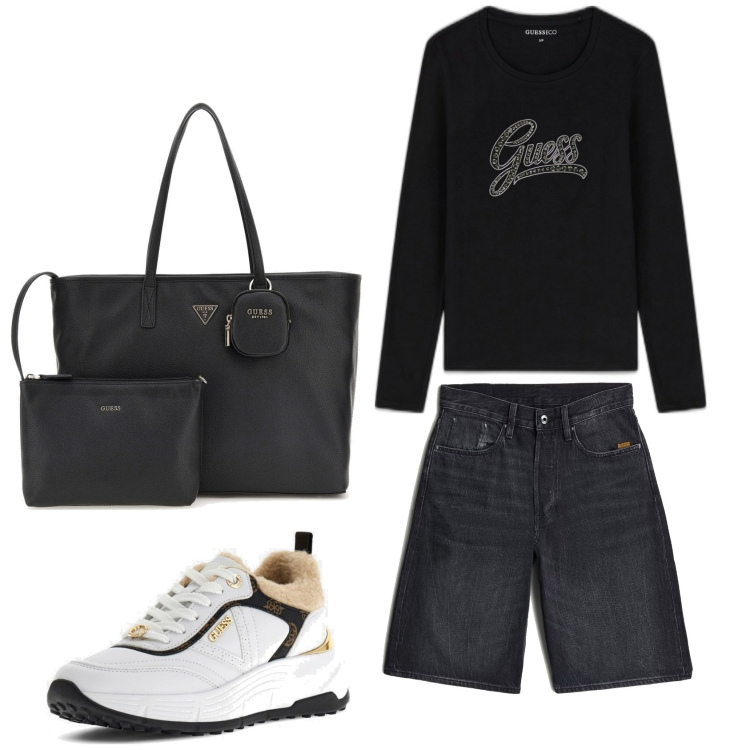 Outfit mujer - Casual. Estilo Casual para Todos los días. Combinación con bolso shopper, bermudas, sneakers, camiseta.