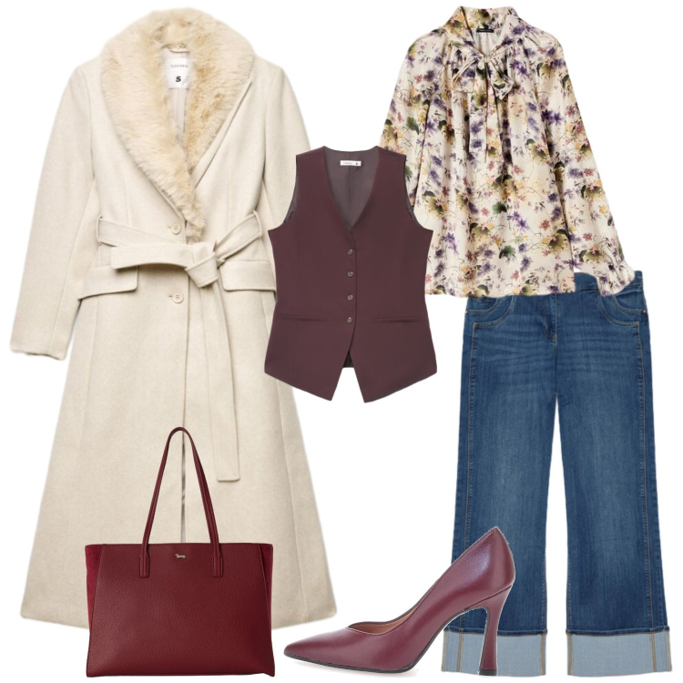 Outfit donna - Total look #2489271. Stile Trendy per Ufficio. Abbinamento con cappotti, gilet, shopping bag, jeans dritti, bluse, décolleté.