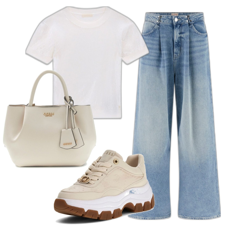 Outfit mujer - Basic look. Estilo Basic para Todos los días. Combinación con sneakers, bolsos de mano, prendas de punto, vaqueros pata de elefante.