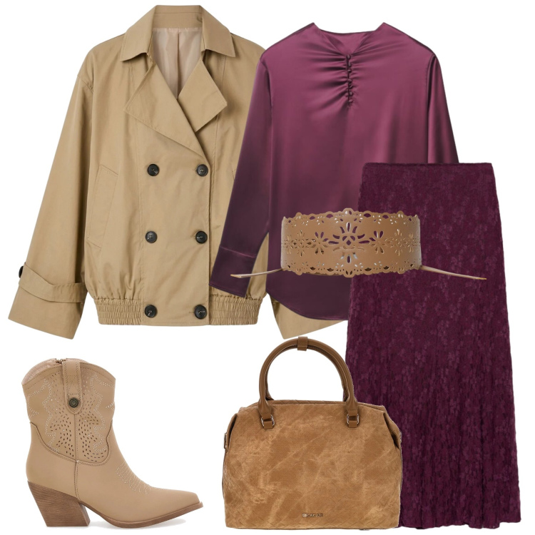 Outfit donna - Total look #2489274. Stile Boho per Tutti i giorni. Abbinamento con bluse, trench, gonne lunghe, cinture, borse a tracolla, stivaletti texani.