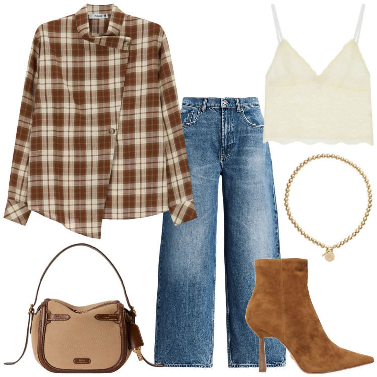 Outfit donna - Trendy autunno. Stile Trendy per Tutti i giorni. Abbinamento con camicie, top, collane, jeans, borse a mano, stivaletti.