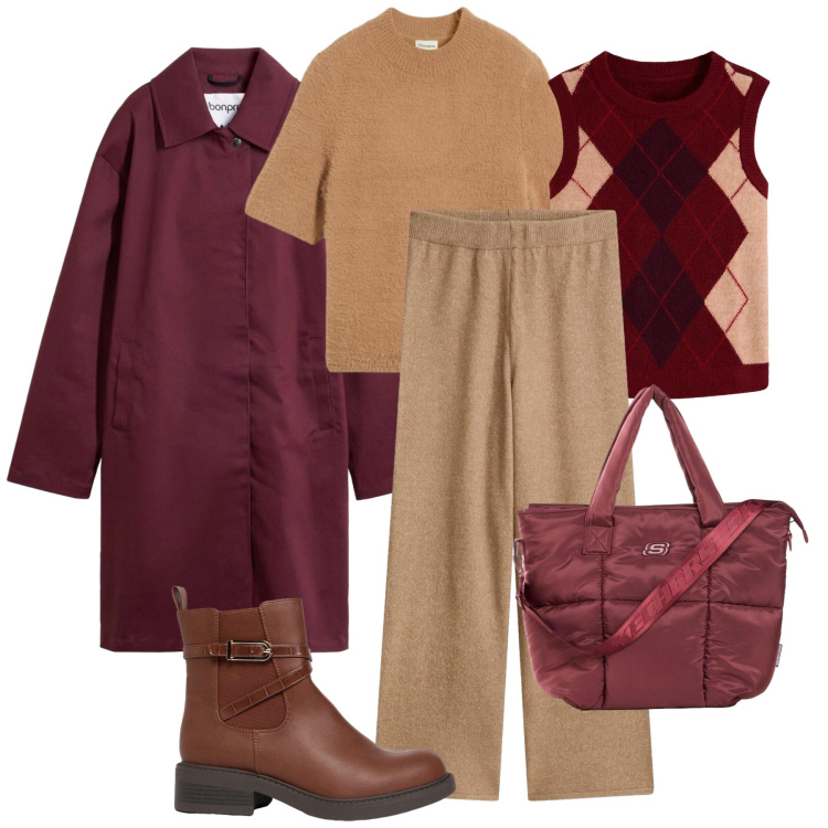 Outfit donna - Autunno a strati. Stile Trendy per Tutti i giorni. Abbinamento con trench, shopping bag, maglieria, stivaletti, maglieria, pantaloni.