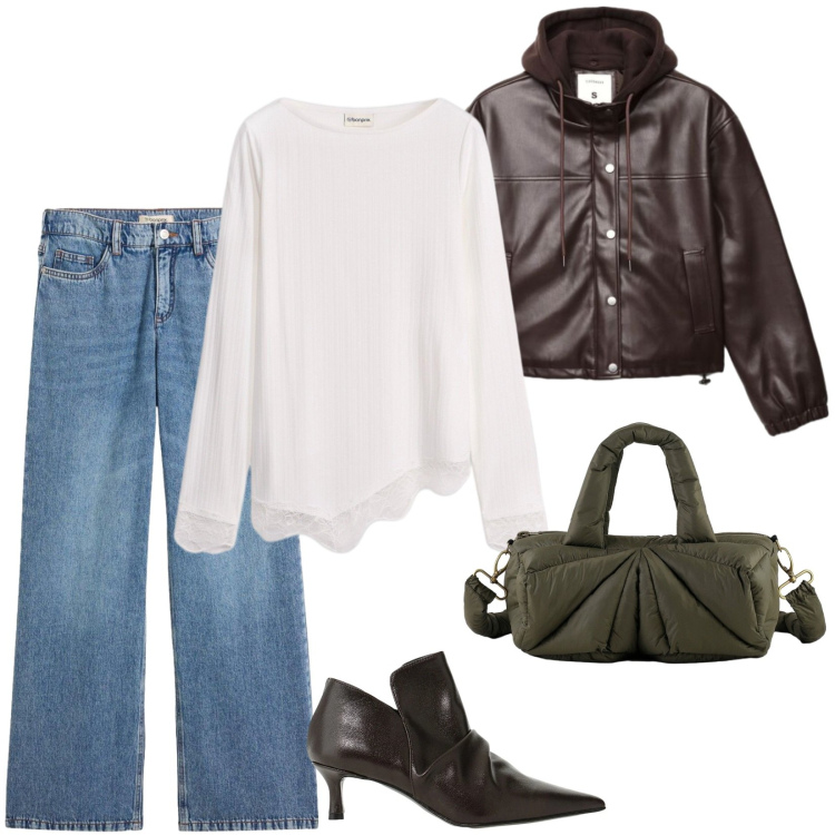 Outfit donna - In città. Stile Casual per Tutti i giorni. Abbinamento con stivaletti, borse a mano, bomber, jeans, t-shirt.