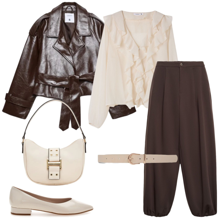 Outfit donna - Total look #2489281. Stile Casual chic per Tutti i giorni. Abbinamento con pantaloni, cinture, trench, bluse, borse a tracolla, ballerine.