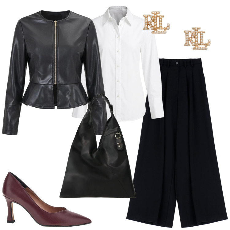 Outfit donna - City. Stile Urban per Tutti i giorni. Abbinamento con borse a spalla, pantaloni, camicie, giacche, orecchini, décolleté.