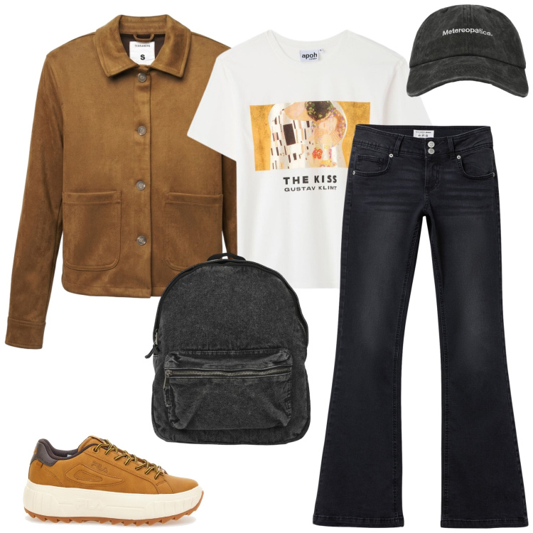 Outfit donna - Total look #2489287. Stile Casual per Scuola/Università. Abbinamento con jeans a zampa, cappelli con visiera, cappotti, zaini, t-shirt, sneakers.