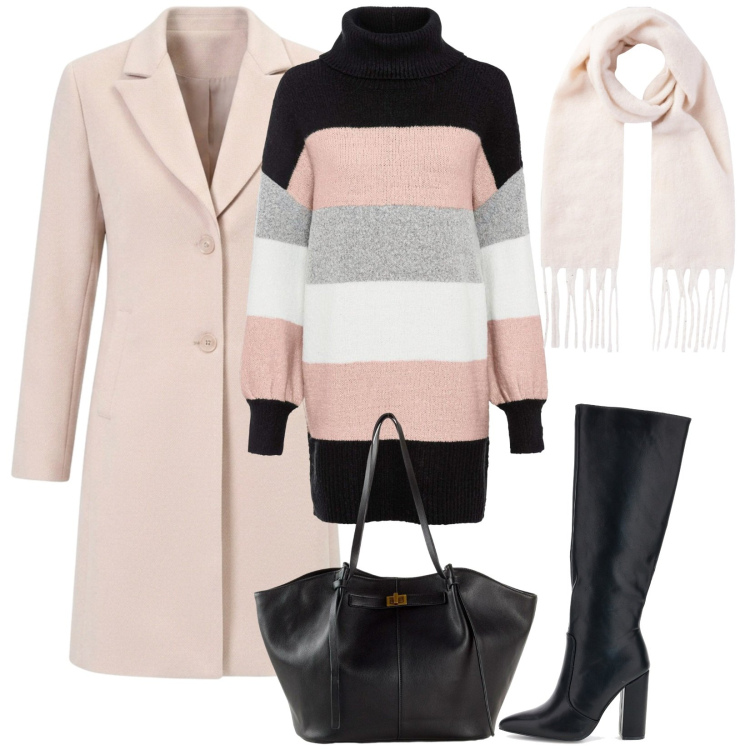 Outfit donna - Total look #2489288. Stile Casual chic per Tutti i giorni. Abbinamento con shopping bag, maglieria, sciarpe, cappotti, stivali sopra il ginocchio.