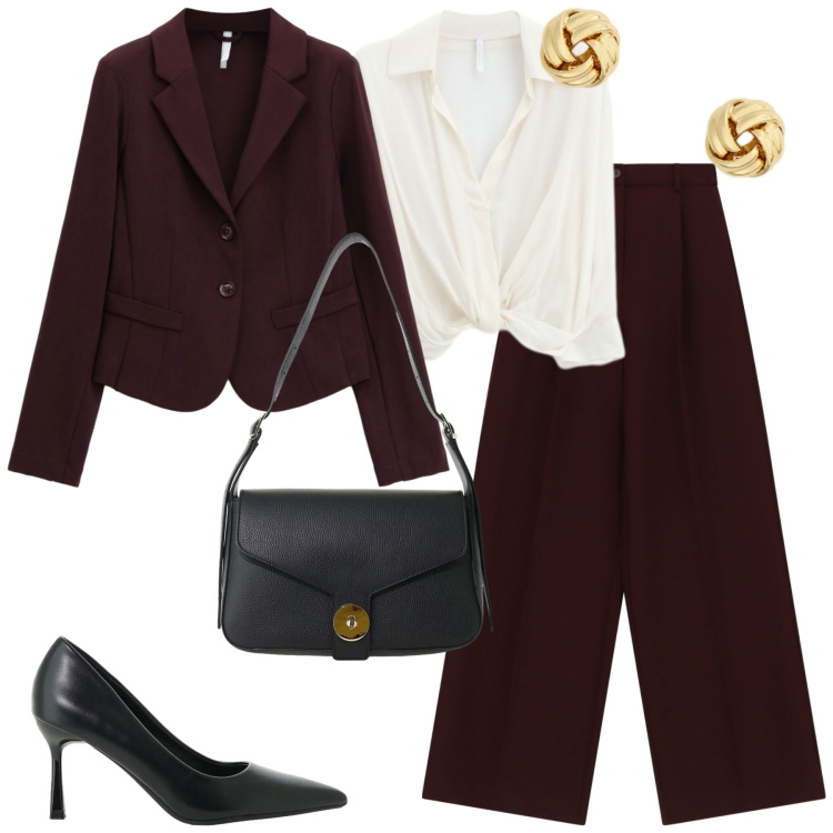 Outfit donna - Imperial. Stile Minimal per Tutti i giorni. Abbinamento con blazer, décolleté, borse a spalla, camicie, pantaloni a palazzo, orecchini.