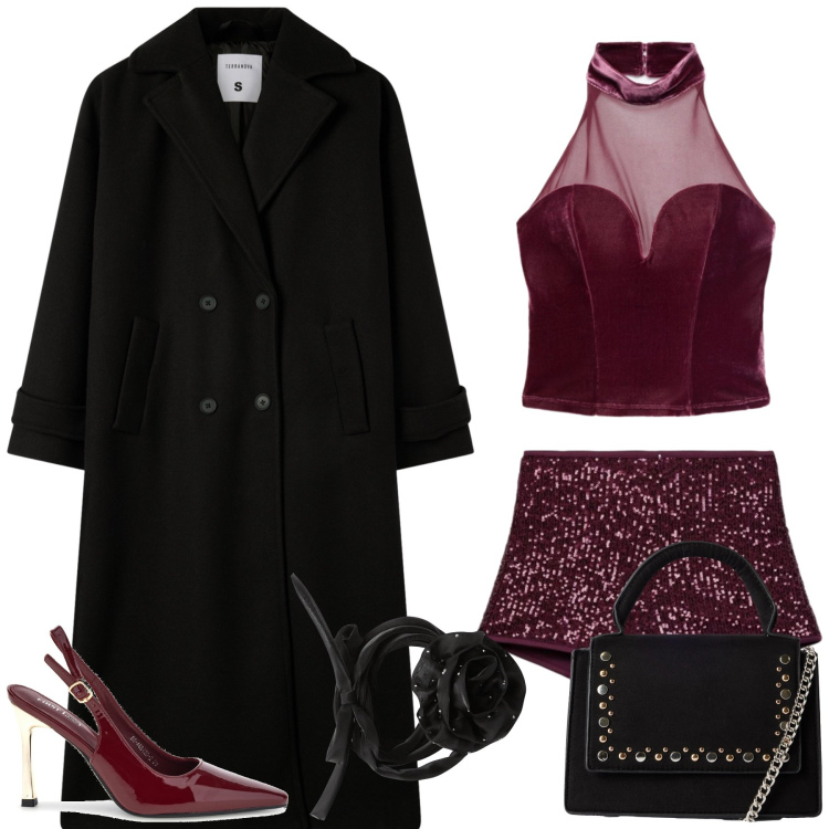 Outfit donna - Total look #2489293. Stile Glamour per Serata fuori. Abbinamento con collane, borse a tracolla, cappotti, top, shorts, décolleté.