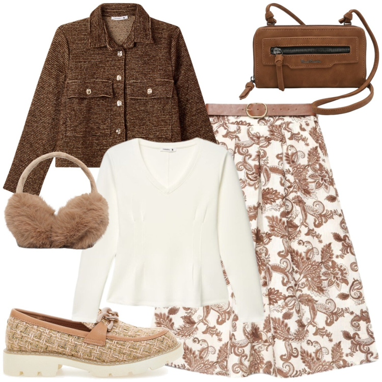 Outfit donna - Fall metà stagione. Stile Casual per Tutti i giorni. Abbinamento con blazer, cappelli, gonne lunghe, t-shirt, mocassini, borse a tracolla.