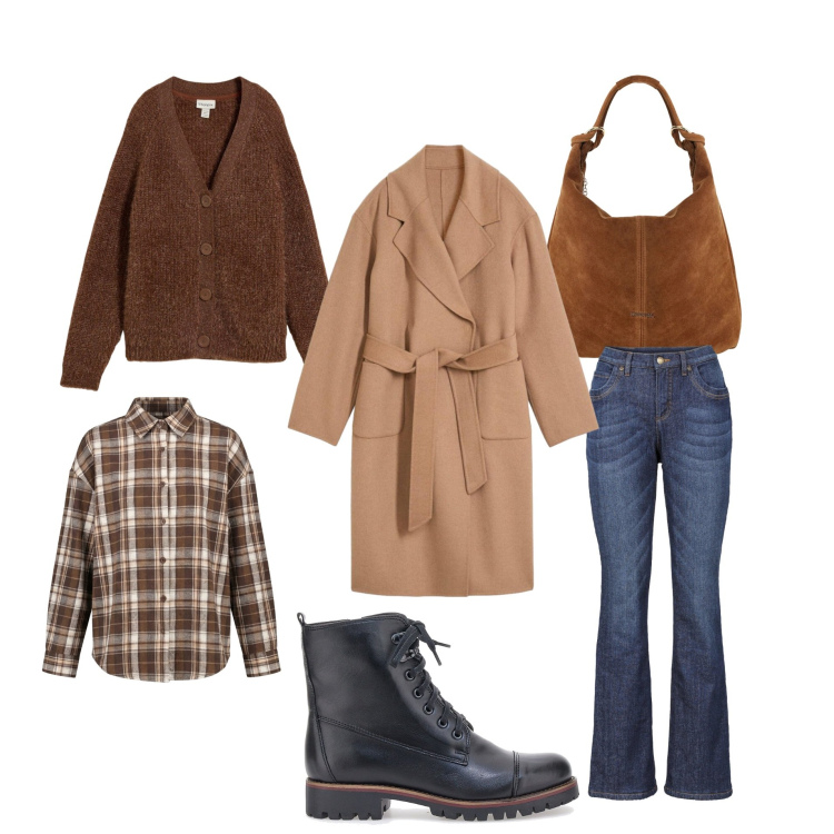Outfit donna - College. Stile Casual chic per Scuola/Università. Abbinamento con cappotti, jeans bootcut, cardigans, borse a spalla, camicie, stivaletti.