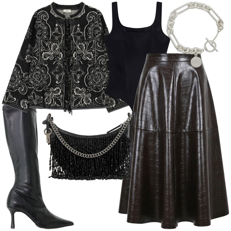 Outfit donna - Autunno. Stile Casual chic per Tutti i giorni. Abbinamento con stivali, blazer, gonne longuette, top, braccialetti, borse a spalla.