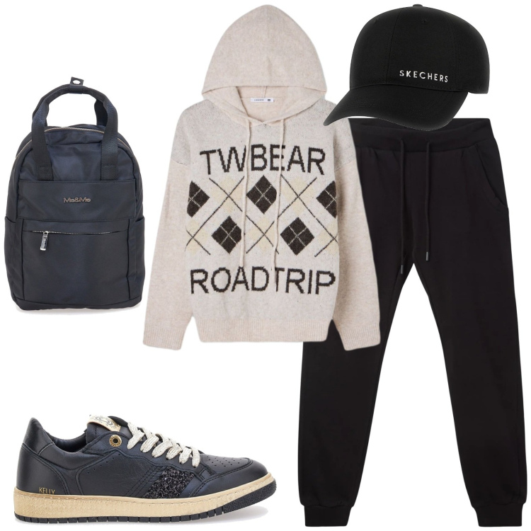 Outfit donna - Sportiva. Stile Casual per Sport. Abbinamento con pantaloni, felpe con cappuccio, cappelli, sneakers, zaini.