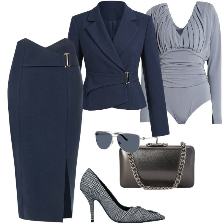 Outfit donna - Dalla scrivania fino agli impegni serali. Stile Chic per Tutti i giorni. Abbinamento con décolleté, body, gonne longuette, blazer, occhiali da sole, clutch.