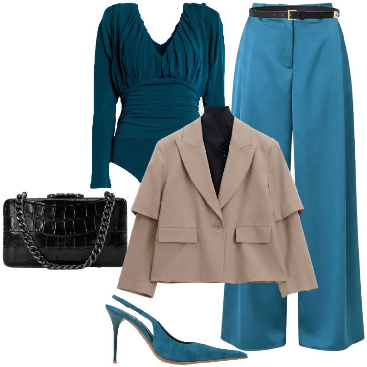 Outfit donna - Eventi chic. Stile Chic per Serata fuori. Abbinamento con décolleté, body, blazer, pantaloni a palazzo, cinture, clutch.