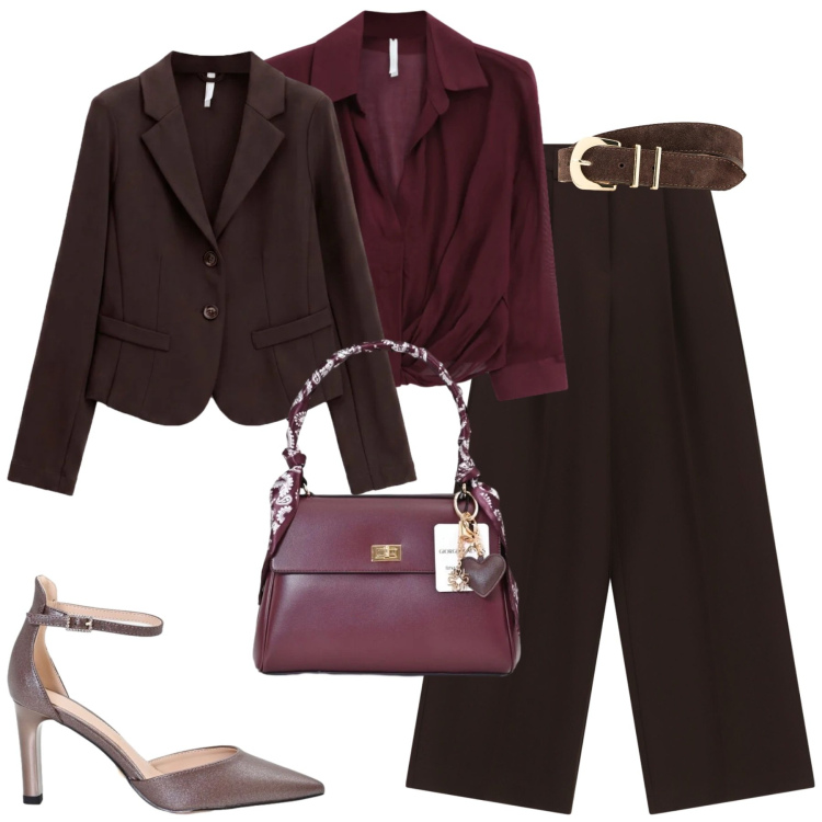Outfit donna - City. Stile Chic per Serata fuori. Abbinamento con cinture, blazer, camicie, pantaloni a palazzo, décolleté, borse a mano.