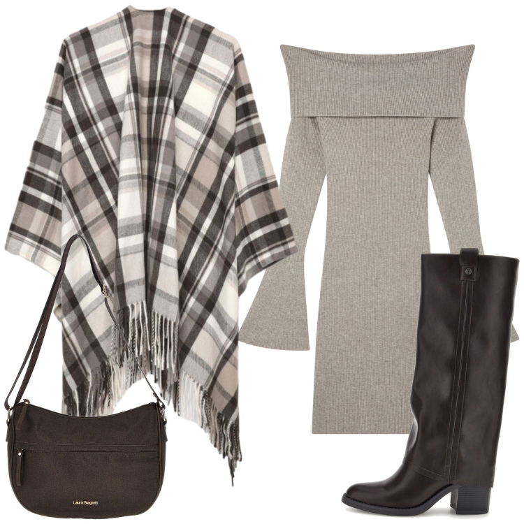 Outfit donna - Total look #2489316. Stile Casual chic per Tutti i giorni. Abbinamento con vestiti corti, cappe, stivali, borse a tracolla.