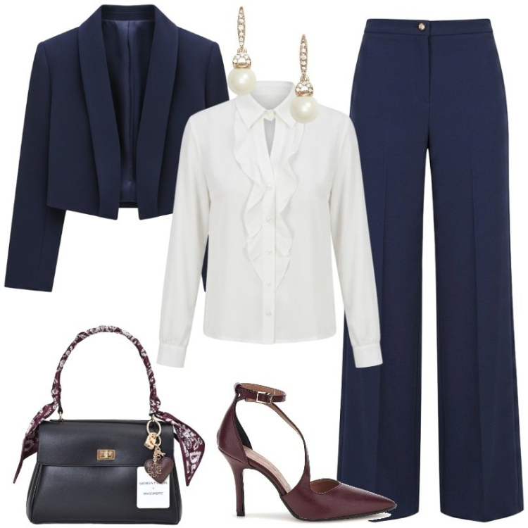 Outfit donna - Una silhouette fluida e slanciata. Stile Chic per Serata fuori. Abbinamento con bolero, pantaloni a palazzo, camicie, borse a mano, orecchini, décolleté.