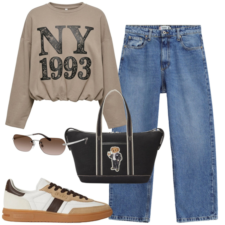 Outfit donna - La felpa crop. Stile Casual per Tutti i giorni. Abbinamento con jeans dritti, felpe, sneakers, occhiali da sole, borse tote.