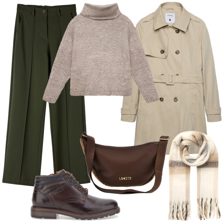 Outfit donna - Giornata piovosa. Stile Basic per Tutti i giorni. Abbinamento con trench, sciarpe, pantaloni, pullovers, anfibi, borse a tracolla.